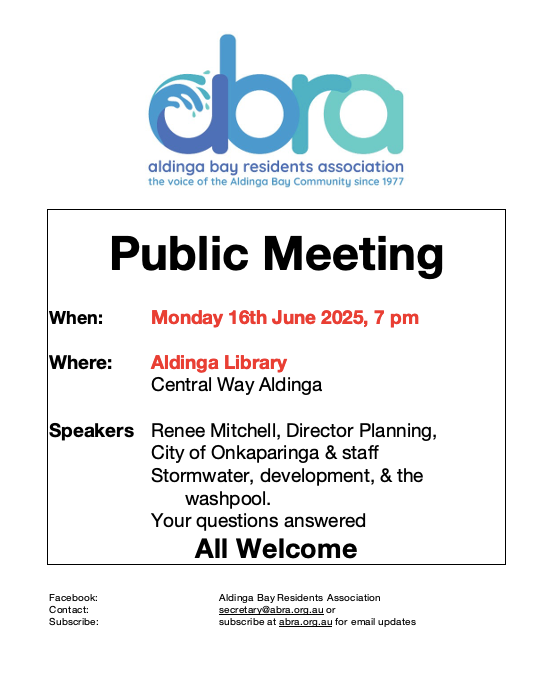 REMINDER: Next ABRA MEETING Mon 16th June: Stormwater, development and washpool answers to your questions.